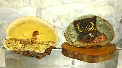 2 Vintage Hand Painted Tree Fungus Conk Shelf Mushrooms Folk Art Duck & Owl • $29.99