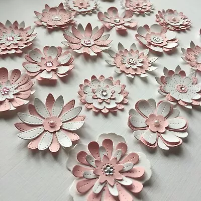£4 • Buy 20 Baby Pink & White Multi-layered Flowers - Die Cut Card Toppers Birthday