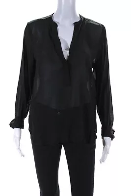 Vince  Womens V-Neck Covered Placket Button Long Sleeve Blouse Top Black Size 4 • $46.81