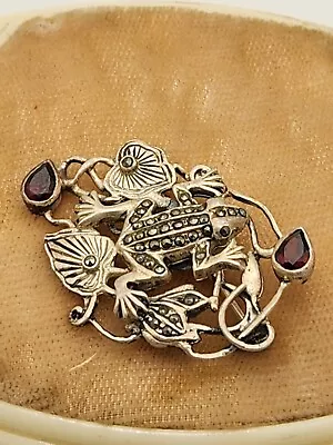 Signed Sterling Silver Marcasite And Garnet Frog Brooch • $20