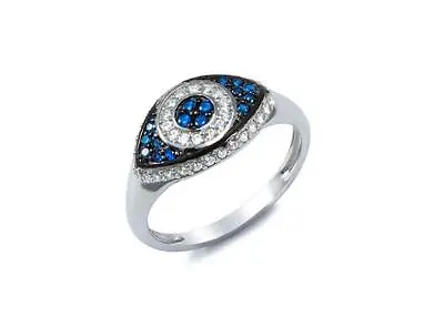 Platinum Sterling Silver Blue & White Sapphire Evil Eye Halo Baguette Ring Sz5 • $58