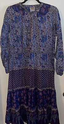 Vintage 70s Indian Gold Floral Block Print Dress Kaiser India Gauze Midi Mini • $160