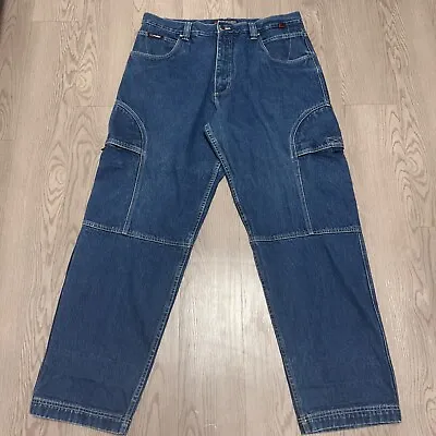 Vintage Y2K FUBU Jeans Mens 38x34 Baggy Wide Leg Blue Denim Cargo Pockets • $47.99
