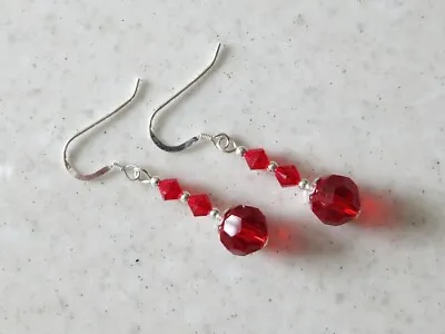 Faceted Cherry Red Crystals Swarovski Crystals & St Silver Dangly Drop Earrings • £10.45