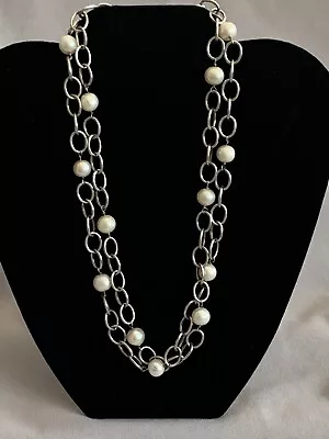 Vintage Modernist Sterling Silver Link And Pearl Necklace Double Strand 16  • $75