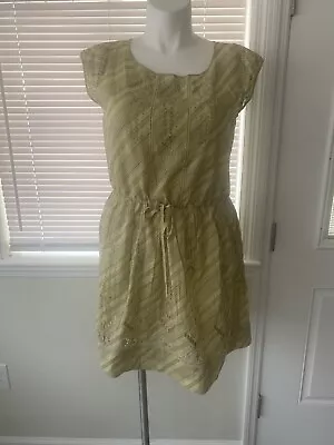 Meadow Rue Anthropologie Dress Size 12 Green Eyelet Embroidery Drawstring Waist • $19