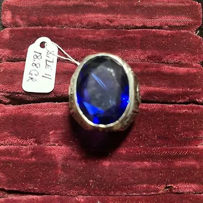 925 Large Men Oval Blue Sapphire/2 Sm Stones On Sides Ring 18.8 Grams Size 11￼ • $55