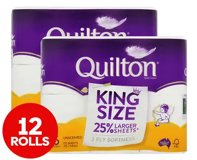 2x Quilton King Size Unscented Bathroom Toilet Paper Rolls 3 Ply Softness 6pk • $14.49