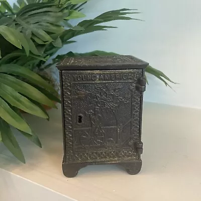 Vintage Antique Young America Cast Iron Toy Money Coin Safe  Box Piggy Bank • $98