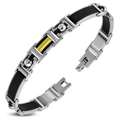 Stainless Steel Black Silver-Tone Mens Link Bracelet • $19.99