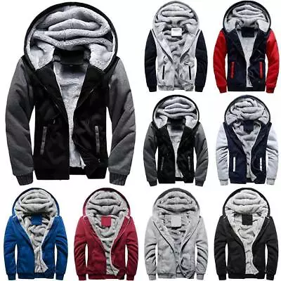 Men Fleece Lined Faux Fur Hoodie Winter Warmer Thick Coat Jacket Sweatshirt Tops • £21.65