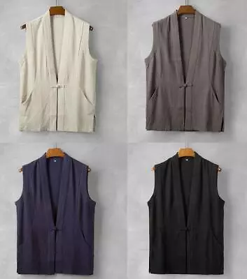 Men's Cotton Linen Vest Sleeveless Cardigan Shirt Ethnic Retro V-neck Casual SZ • $54.32