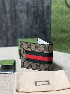 $120 • Buy Gucci Mens Web Beige / Ebony GG Supreme Canvas Bi Fold Wallet