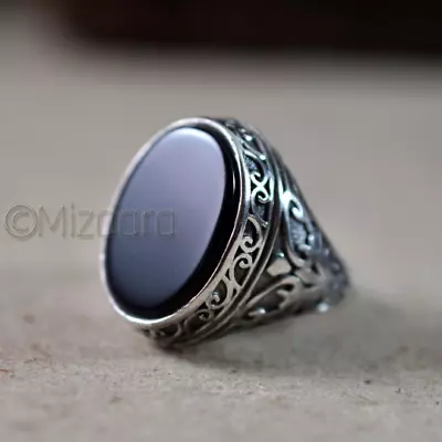 Black Onyx 925 Silver Solid  Arabic Islamic Enamel Signet Jewelry Men's Ring • $55.99