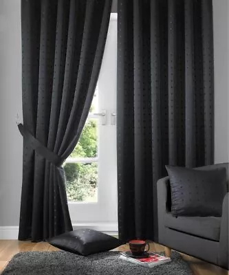 Black Madison Dobby Fabric Squares Lined Tape Top Pencil Pleat Curtains Pair • £24.99