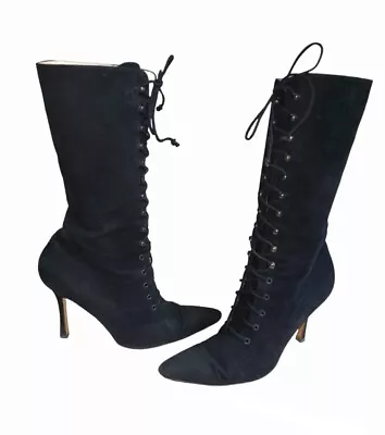 Manolo Blahnik Black Suede Lace-up Mid Calf Boots Women's EU Size 39.5 US 9 • $175