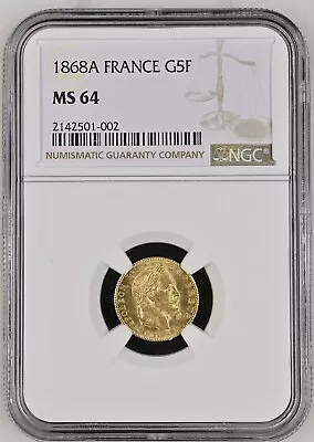 1868-A France 5 Francs Gold Coin - NGC MS 64 • $695