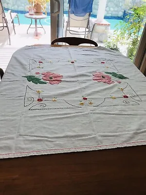 $9.99 • Buy Vintage Applique And Embroidered Flour Sack Tablecloth 44  X  48 