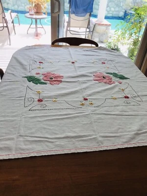 $9.99 • Buy Vintage Applique And Embroidered Flour Sack Tablecloth 44  X  48 