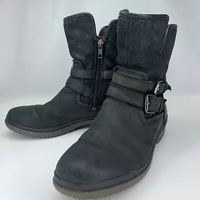 UGG Women’s 7.5 Simmens Waterproof Leather Boots Side Zip Black Suede 1008439 • $46.99