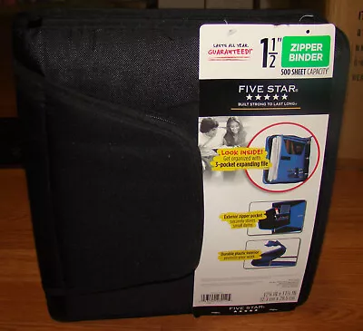 Five Star 1-1/2 Inch Zipper Binder 3-Pocket Expanding File Durable Black • $20