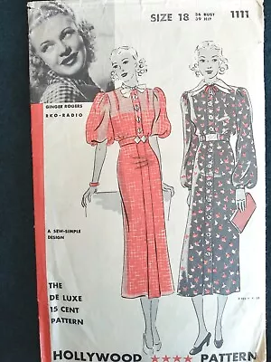 Vintage 1940's Hollywood No. 1111 Sewing Featuring Ginger Rogers Dress Sz 18 • $15.50