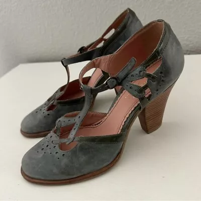 Miss Albright Heels Ola Blue Gray Leather T-Strap Retro Cut Out Women's Size 7.5 • $23.70