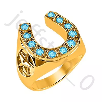 0.50 Ctw Lab Created Blue Topaz 14K Yellow Gold Over 2-Star Horseshoe Men's Ring • $103.27