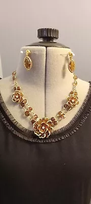 Flower Design Gold Tone Necklace. Monet Clip On Drop Earrings Brown Topaz Tone • $25