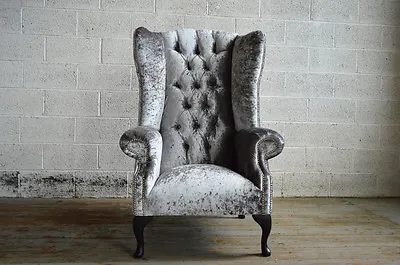 Handmade Crushed Silver Velvet Chesterfield Wing Armchair Fabric High Back  • £695