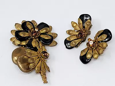 Vintage Miriam Haskell Signed Handmade Gold Floral Brooch Earrings Set Rare! • $395