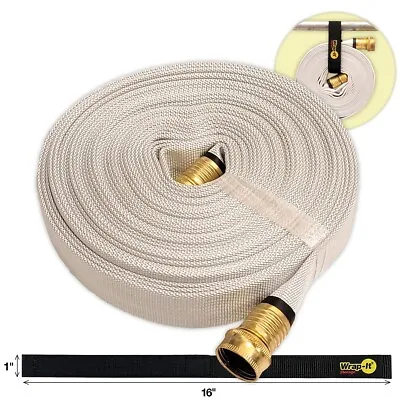 FIRE HOSE 3/4 X50' White Garden Hose Thread Fittings With Quick-Strap Cord Wrap • $70.99