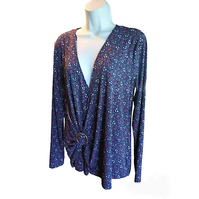 Michael Kors Women's Large Crossover Blouse Blue Heart Patterned Long Sleeves  • $18