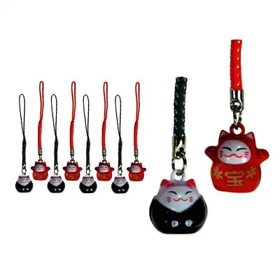 10 LUCKY CAT BELL CHARM Red Black Maneki Neko Mobile Cell Phone Strap Set Lot    • $18.95