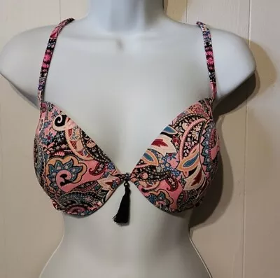 34DD Bikini Top Back Ties Tassel Paisley Print Pink Multicolor PaddedSwim Beach • £11.57