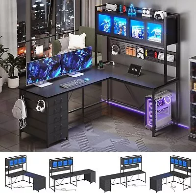 5 Drawers Computer Desk L Shaped Desk With Tall Hutch LED Lights And Pegboard • $209.99