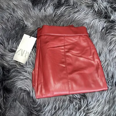 Zara Ladies HI-Rise Faux Leather Leggings Size M Burgundy With Zipped Bottoms • £10