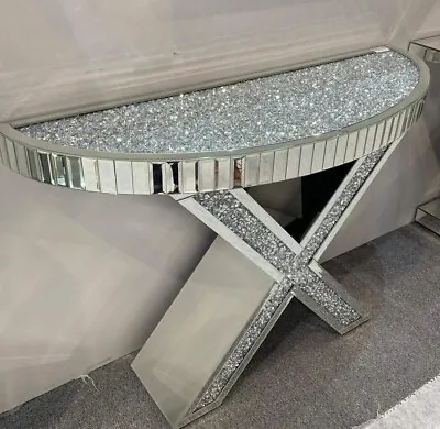 Luxury   Mirrored Crushed Diamond Console Table Half Moon Shape • £340
