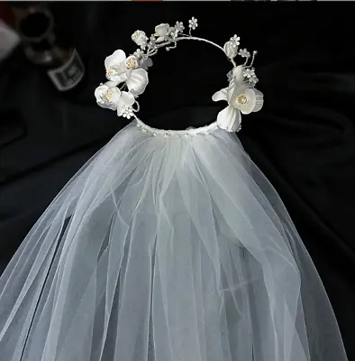 2-Tier Ivory Flowers Bridal Headband Veil For Women & Girls Wedding Crown Veil • $59.99