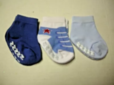 Socks W/Grippers Boys 3 Pairs Solid Blues & Tennis Shoe Print Size 0-9 Mos. • $7.99