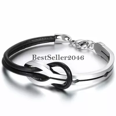 Handmade Infinity Love Knot Black Leather Stainless Steel Mens Womens Bracelet • $10.89