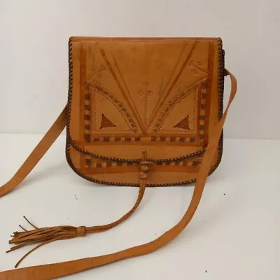 Hand Tooled Satchel Bag Brown Tan Leather -WRDC • £7.99