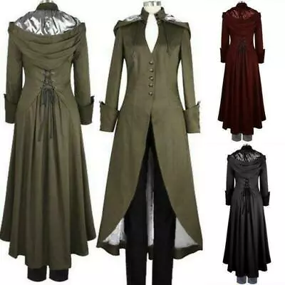 Mens Women Steampunk Military Coat Jacket Long Medieval Gothic Hooded Uniform @ • $69.17