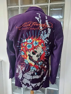 Ed Hardy Christian Audiger Purple Velvet Blazer Men's Size L Embroidered Jacket  • £80