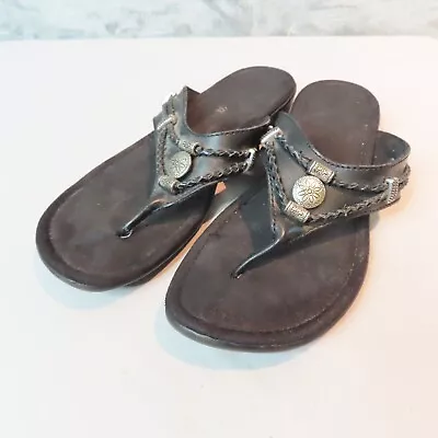 MINNETONKA Flip Flops Womens Sz 8 Black Leather Silver Tone Beads Sandals • $15.88