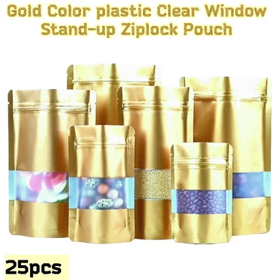 £15.52 • Buy 25pcs (9x13cm - 20x30cm) Gold Color Plastic Stand Up Ziplock Clear Window Pouch