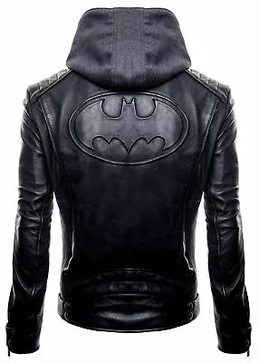 New Batman Logo Motorcycle Brando Biker Real Leather Hoodie Jacket - Detach Hood • $79.99