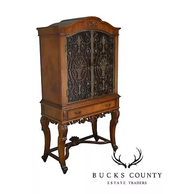 Renaissance Revival 1920's Carved Walnut Bar China Cabinet With Iron Doors • $1695