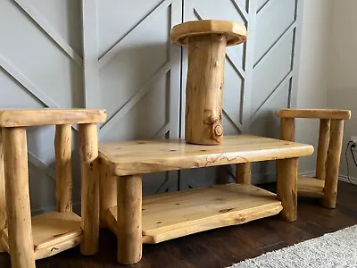$450 • Buy Rustic Aspen Log Coffee And End Table Set Cabin Furniture Live Edge Hand Crafted