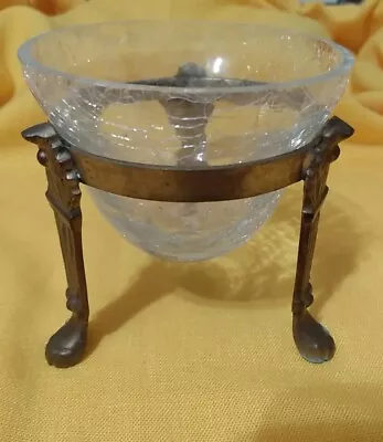 Crackle Glass 3.75  Cone Vase Candle Hldr Brass 3 Footed Stand/ Base Clear VTG • $11.99